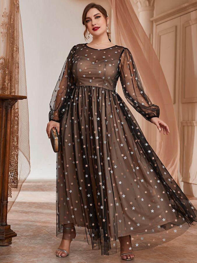 SheIn Plus Size Вечернее платье с рукавами-фонариками звезды сетчатый