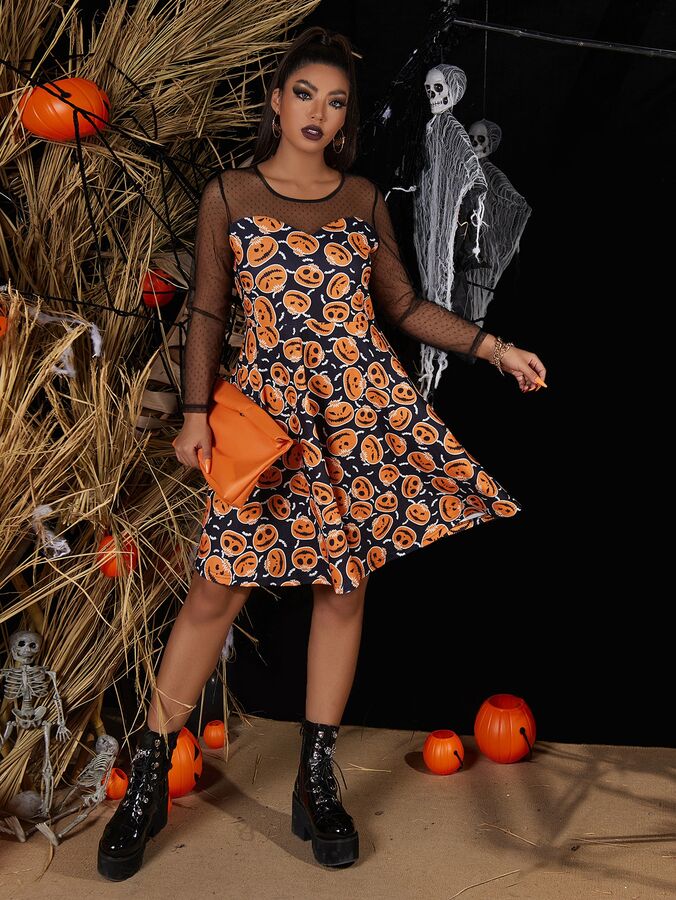 Plus Size Платье на хэллоуин с принтом тыквы сетчатая вставка