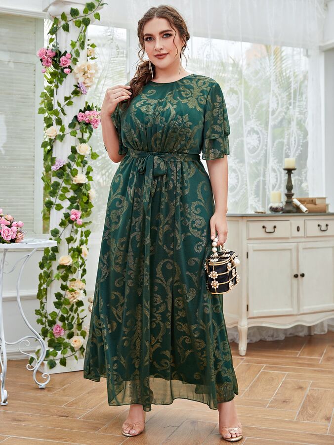 SheIn Платье макси Plus Size с поясом и рукавами-бабочками