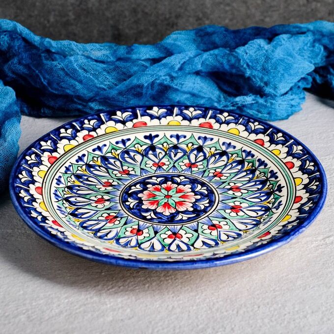 Тарелка Риштанская Керамика &quot;Цветы&quot;,  22 см, синяя