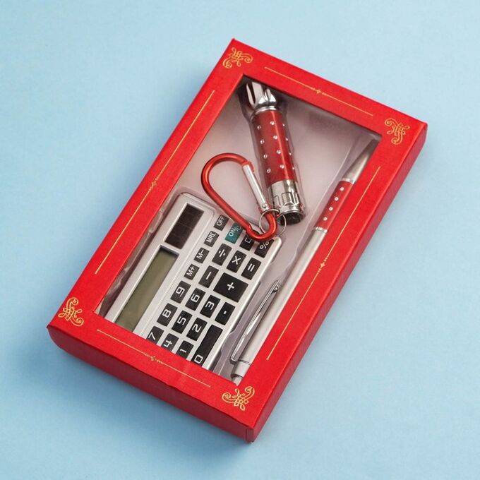 Набор подарочный 3в1 (ручка, калькулятор, фонарик красный .