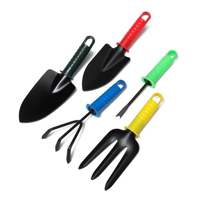 Набор садового инструмента, 5 предметов: 2 совка, рыхлитель, вилка, корнеудалитель, длина 27 см, пластиковые ручки, цвет МИКС