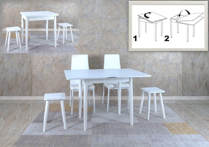 Стол обеденный белый раскладной, 80х60(+60), ноги конус