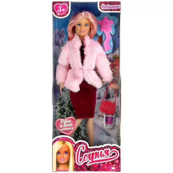 66001-W3-S-BB Кукла 29 см София сингл, в розовой шубе, сумочка, расческа в комплекте КАРАПУЗ в кор.24шт