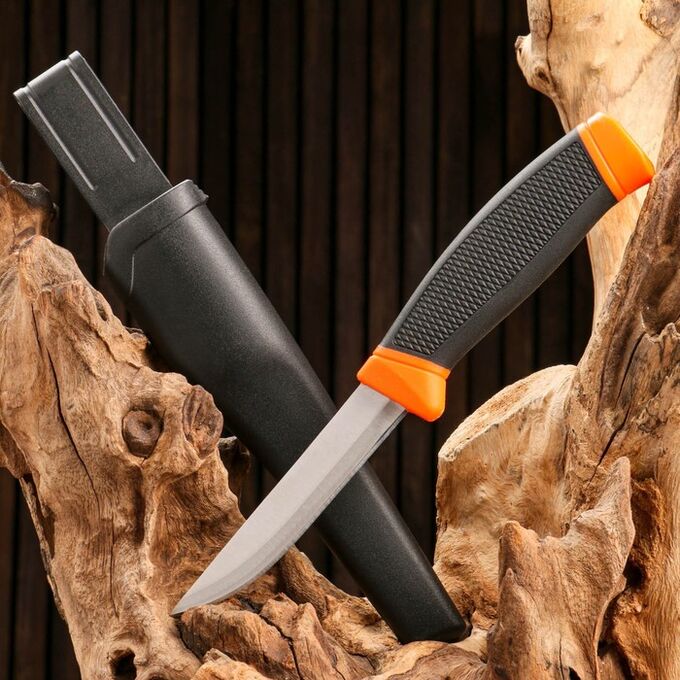 Нож туристический, лезвие 10см, рукоять черная с оранжевыми вставками