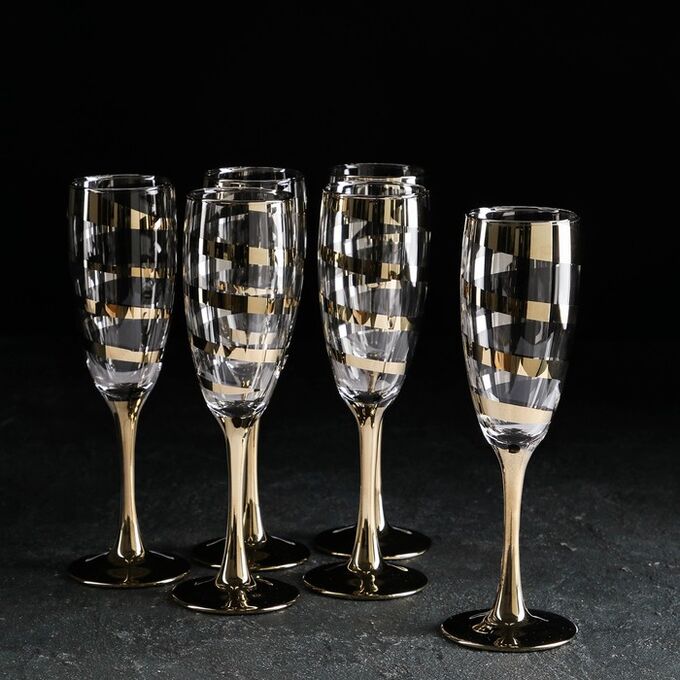 GiDGLASS Набор бокалов для шампанского «Серпантин», 170 мл, 6 шт, цвет золотой