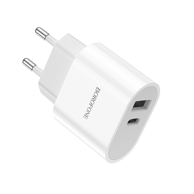 NEW ! Сетевое Зарядное устройство BOROFONE BA62A Wiseacre USB+Type-C + кабель Type-C на Apple Lightning , белый