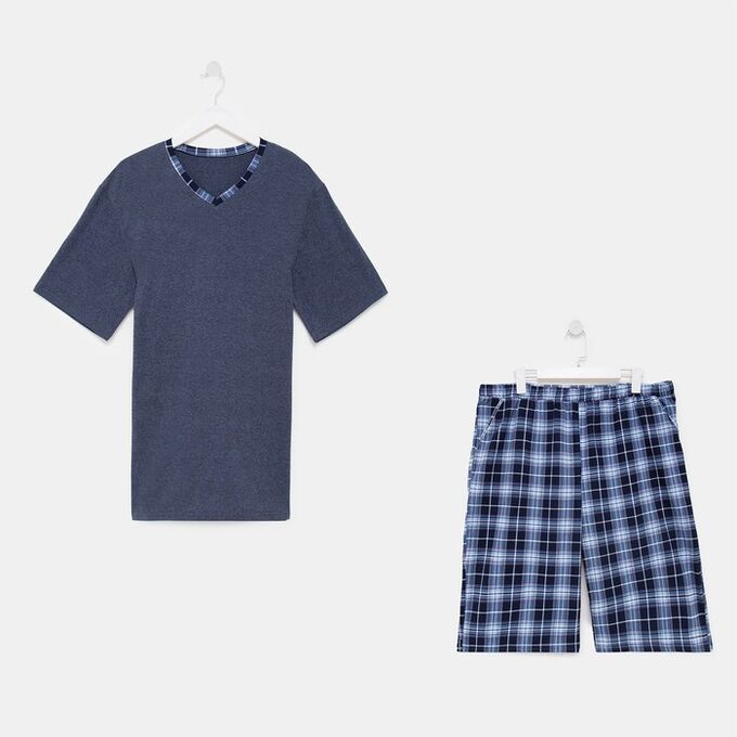 Комплект (футболка и брюки) мужской, серо-голубой/клетка