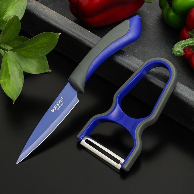 СИМА-ЛЕНД Набор кухонных принадлежностей Faded, 2 предмета: нож 8,5 см, овощечистка, цвет синий
