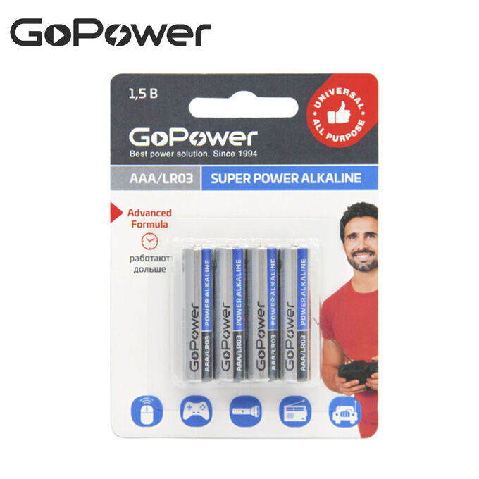 Комплект батареек GoPower Super Power Alkaline LR03 AAA 1.5V 4 шт.