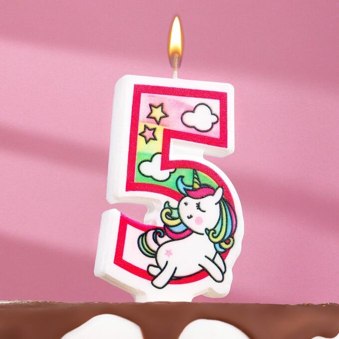 Страна карнавалия Свеча в торт &quot;Единорог с шариком&quot;, цифра 5, розовый, 6,5 см