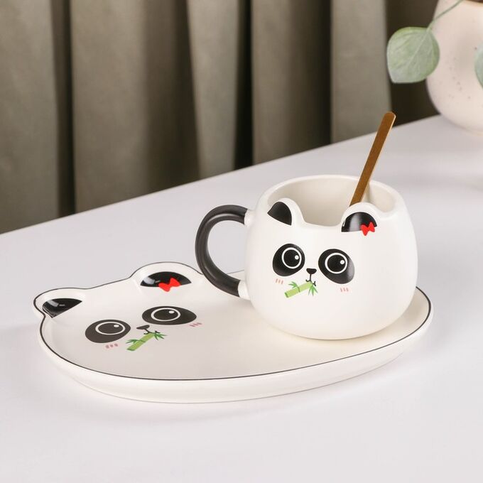 Чайная пара керамическая с ложкой «Панда», 180 мл, блюдце 19,5?14,5 см, рисунок МИКС
