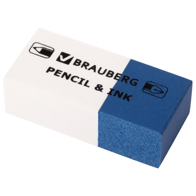 Ластик BRAUBERG &quot;PENCIL &amp; INK&quot;, 39х18х12 мм, для ручки и карандаша, бело-синий, 229578