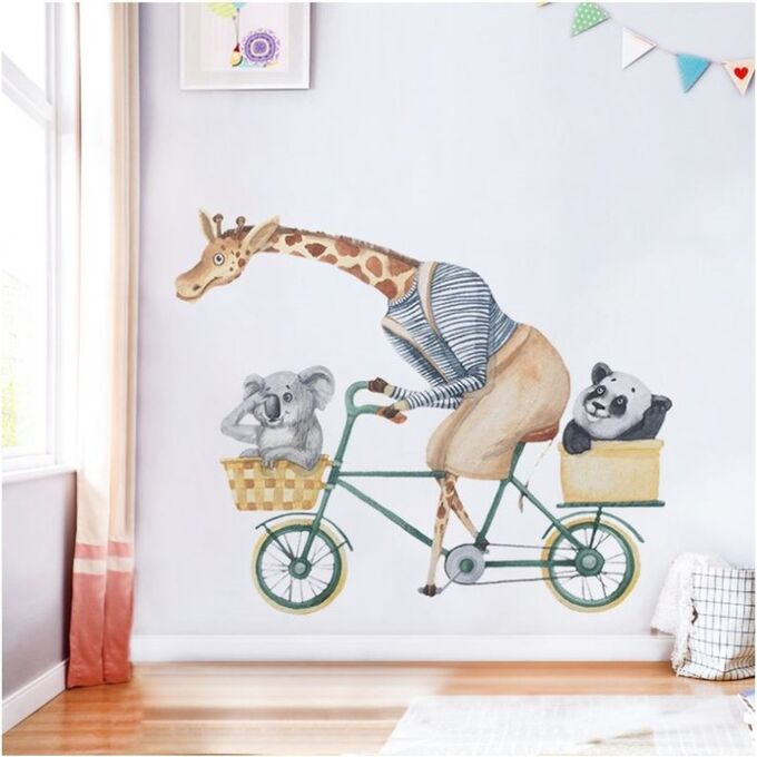 Наклейка пластик интерьерная цветная &quot;Жираф на велосипеде катает зверят&quot; 30х90 см 7599406