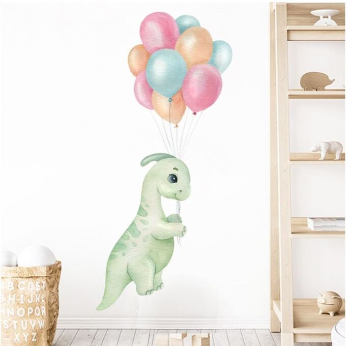 Наклейка пластик интерьерная цветная &quot;Динозаврик зелёный с воздушными шарами&quot; 30х60 см 7599427