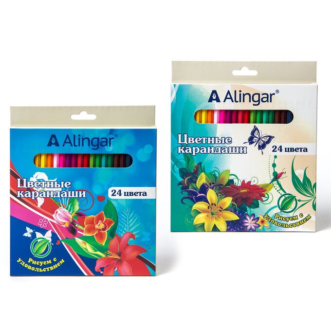 Карандаши цветные Alingar 24 цв., &quot;Цветы&quot; деревянные, трехгранные, заточенные, грифель 3.0 мм, картон. уп., европод.