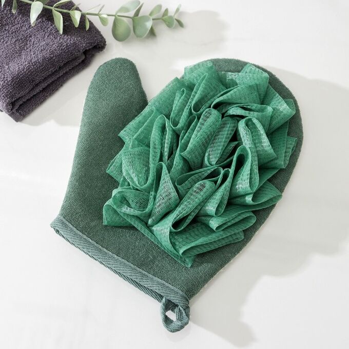 Мочалка-варежка для тела массажная со скрабером Доляна «Афродита», 19x21 см, цвет зелёный