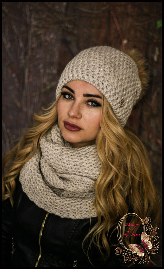 Design by Irina Вязаный комплект с люрексом BRENDA (св.беж)без натурального помпона