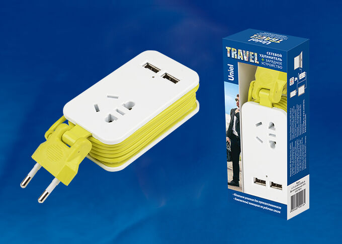 UNIEL Удлинитель серии Travel, шнур 1,5м., 1 гнездо, б/з, 2USB*1,1A. Белый с салатовым. S-CT1-1,5U WHITE/GREEN LM
