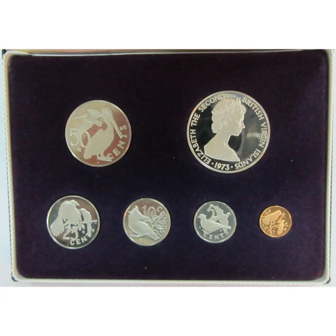 Британские Виргинские острова 1 5 10 25 50 Центов 1 Доллар 1973 год Серебро Proof MS# 1 Птицы В фирменной коробке Сертификат