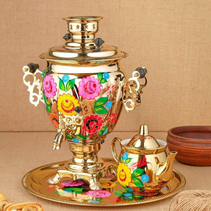 СИМА-ЛЕНД Набор «Цветы на золотом», жёлудь, 3 предмета, самовар 3 л, заварочный чайник 0,7 л, поднос