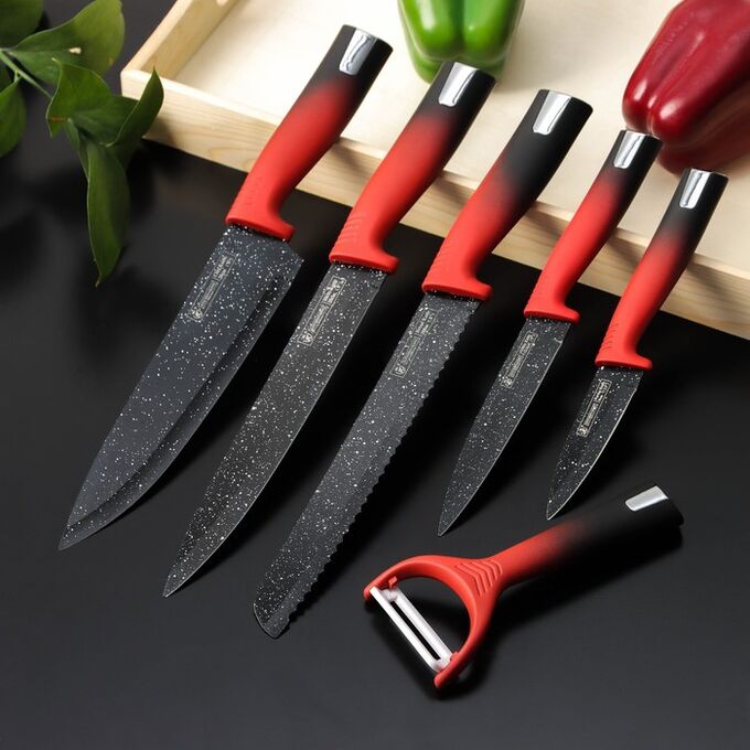 СИМА-ЛЕНД Набор ножей Devil, 6 предметов, 5 ножей, овощечистка в комплекте, цвет чёрно-красный