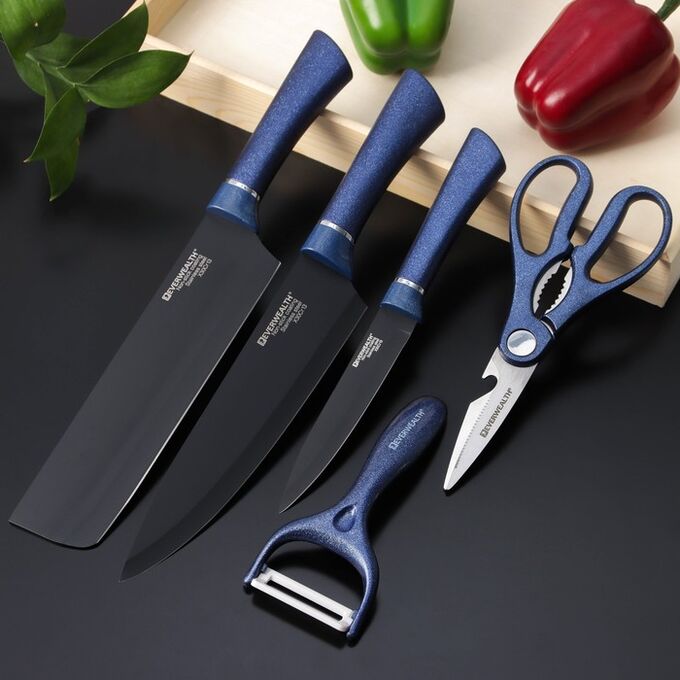 СИМА-ЛЕНД Набор ножей Blades, 5 предметов: 3 ножа, овощечистка, ножницы в комплекте, цвет синий