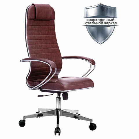 Кресло офисное МЕТТА &quot;К-6&quot; хром, рецик. кожа, сиденье и спинка мягкие, темно-коричневое