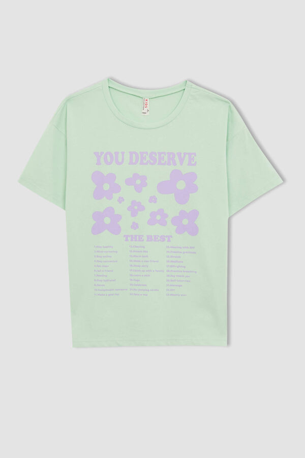 DEFACTO Хлопковая футболка с круглым вырезом и принтом для девочек, обычная посадка, с коротким рукавом