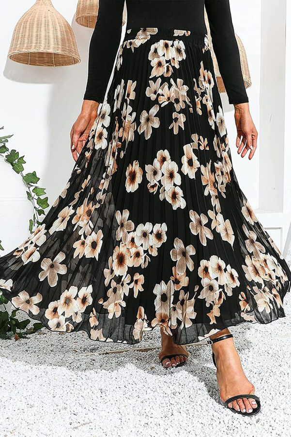 Черная шифоновая плиссированная юбка с высокой талией и цветочным принтом