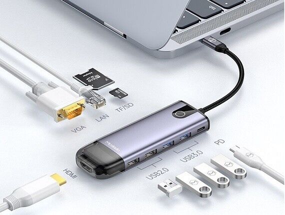Type-C HUB McDodo HU-7420 USB3.0*2+HDMI+PD+LAN+TF+SD+USB2.0*2+VGA серый