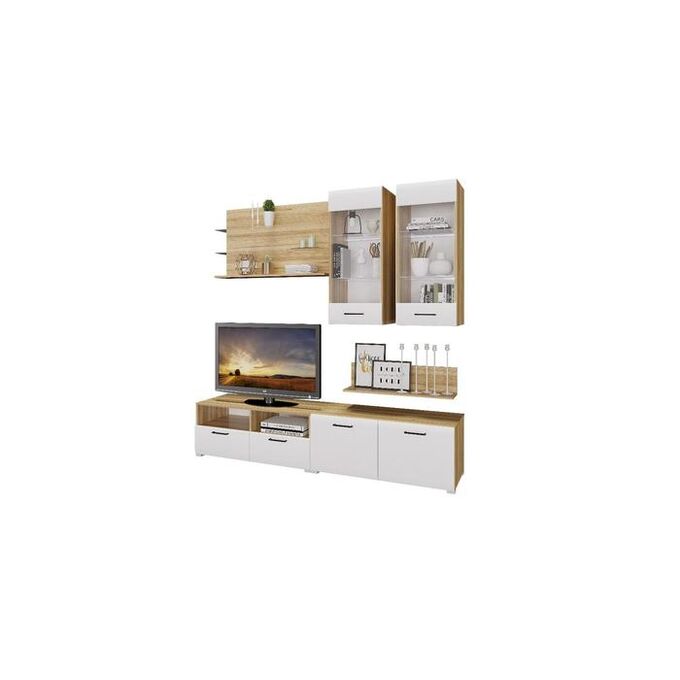 Клик Мебель Гостиная «Ненси 3», 200х46,6х200 см, МДФ, цвет крафт золотой/белый глянец