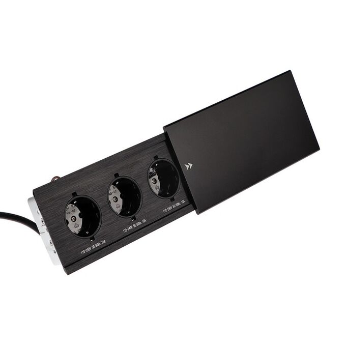 Luazon Lighting Блок розеточный в стол, сдвижная крышка, 10А, 3 розетки, провод 1.8 м, черный