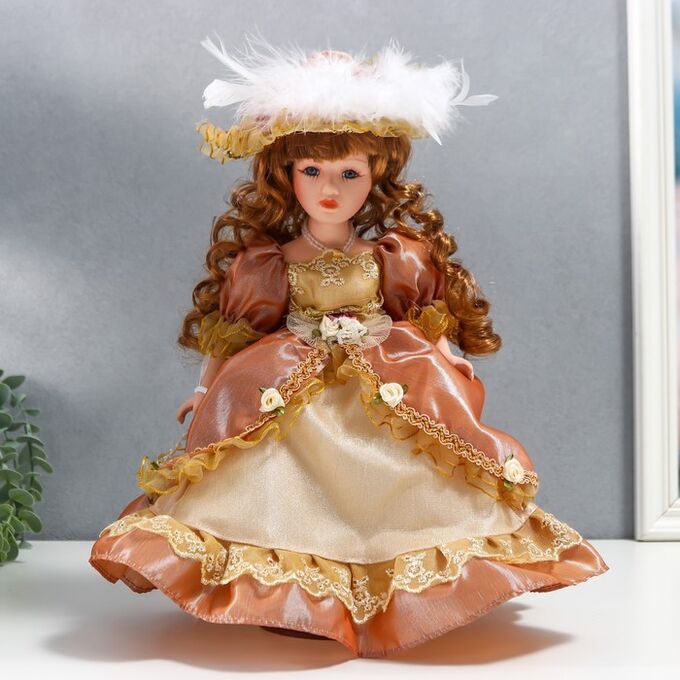 Кукла коллекционная керамика &quot;Марго в карамельном платье в шляпе и с сумкой&quot; 30 см