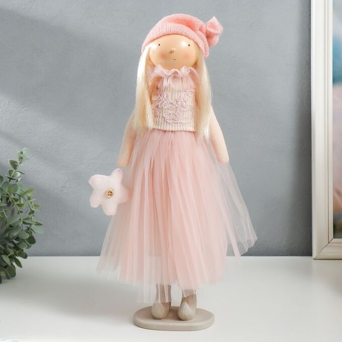Кукла интерьерная &quot;Малышка в розовом, с цветком, с длинными волосами&quot; 41,5х14,5х16 см