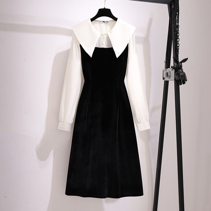 Платье женское с воротником приталенное с длинным рукавом, цвет черный/белый