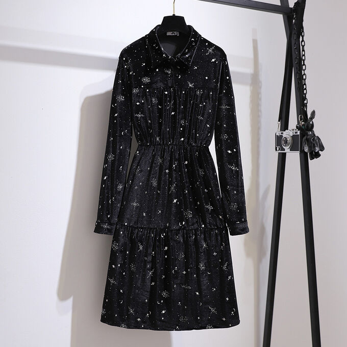 Платье женское бархатное с принтом &quot;Звездное небо&quot; с длинным рукавом, цвет черный