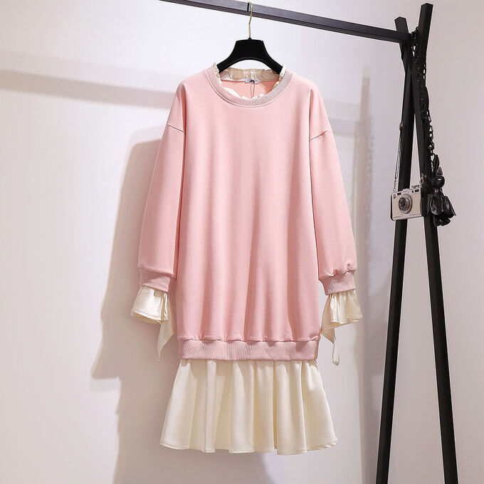 Платье женское с имитацией многослойности в стиле &quot;Свитшот&quot; с длинным рукавом, цвет розовый/молочный