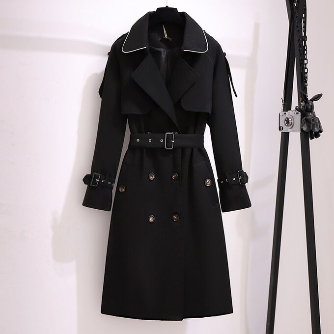 Твидовое женское пальто, иммитация тренча, цвет черный