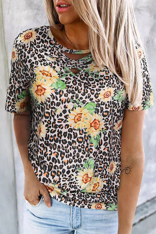 VitoRicci Леопардовая футболка с перекрестным вырезом и цветочным принтом
