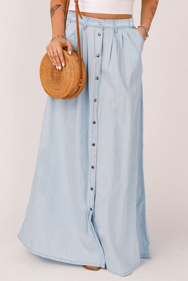 Sky Blue Casual Buttons Chambray Long Skirt