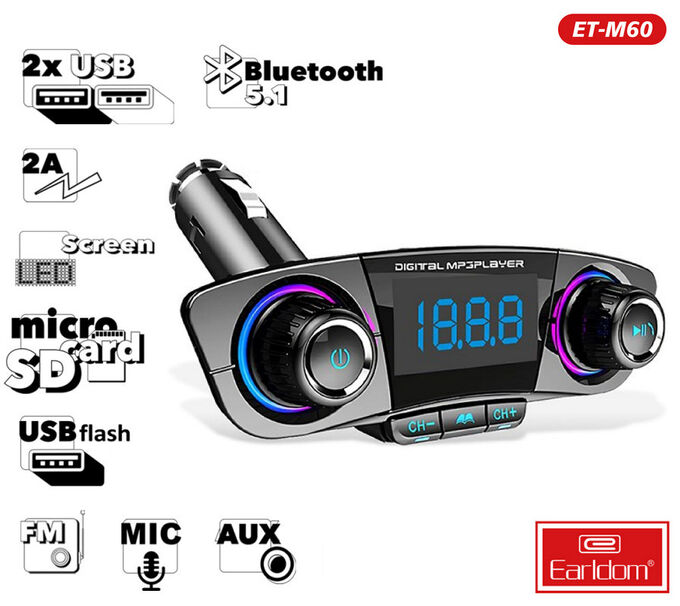 Earldom Автомобильное зарядное устройство 2*USB + FM-тансмиттер, 2A, черный, дисплей,Bluetooth,FM/USB