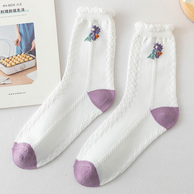 Женские носки, вышивка &quot;Цветок&quot;, цвет белый/сиреневый