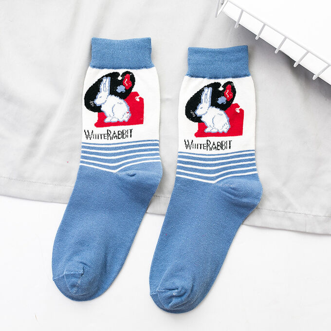 Женские носки, принт &quot;Белый кролик&quot;, с надписями, цвет синий