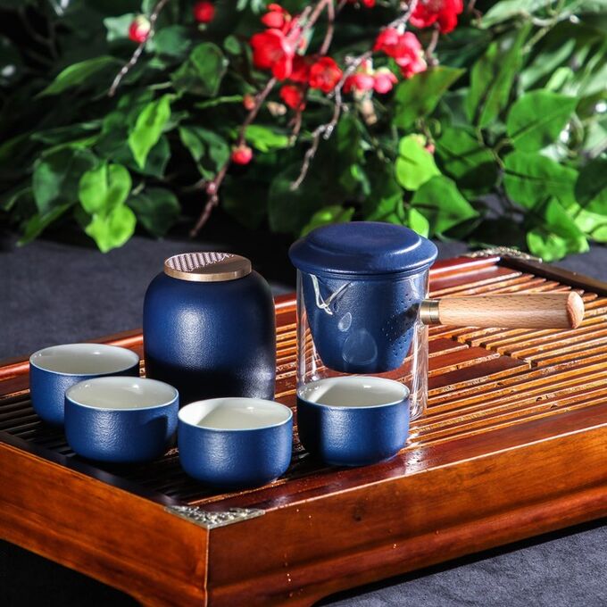 СИМА-ЛЕНД Набор для чайной церемонии «Лотос», 6 предметов: 4 пиалы 50 мл, чайник 210 мл, банка для чая, чабань