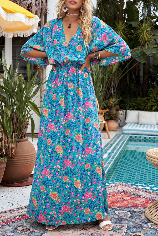 VitoRicci Голубое длинное платье с глубоким V-образным вырезом и разноцветным цветочным принтом в стиле бохо