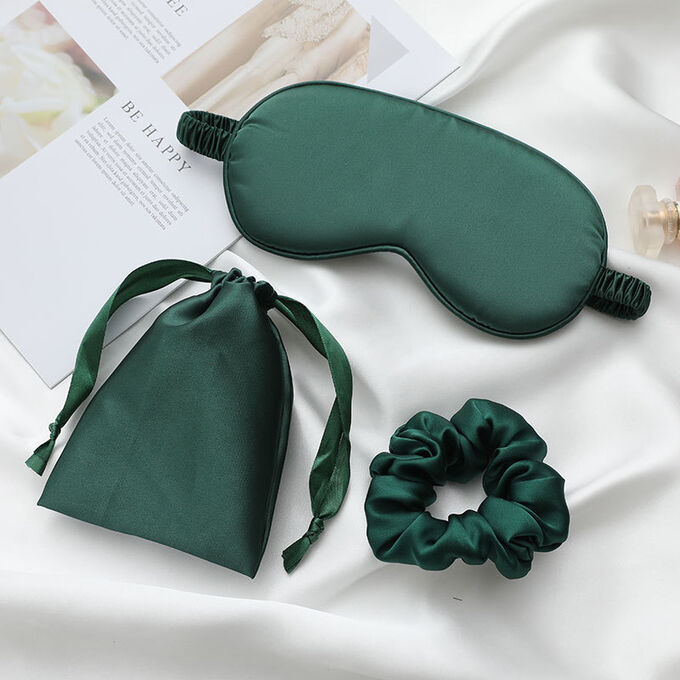 Набор из 3 предметов: маска для сна, резинка для волос  и мешочек. Цвет зеленый