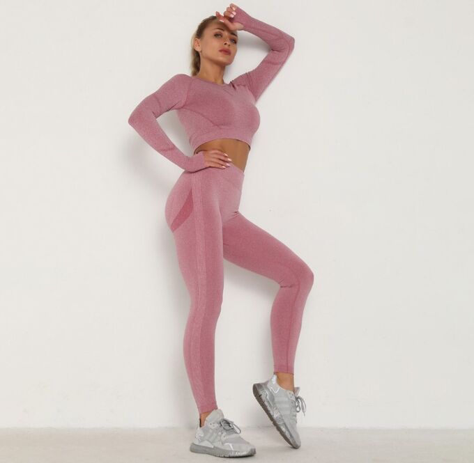 Женский спортивный костюм с длинным рукавом (кофта+леггинсы), цвет темно-розовый