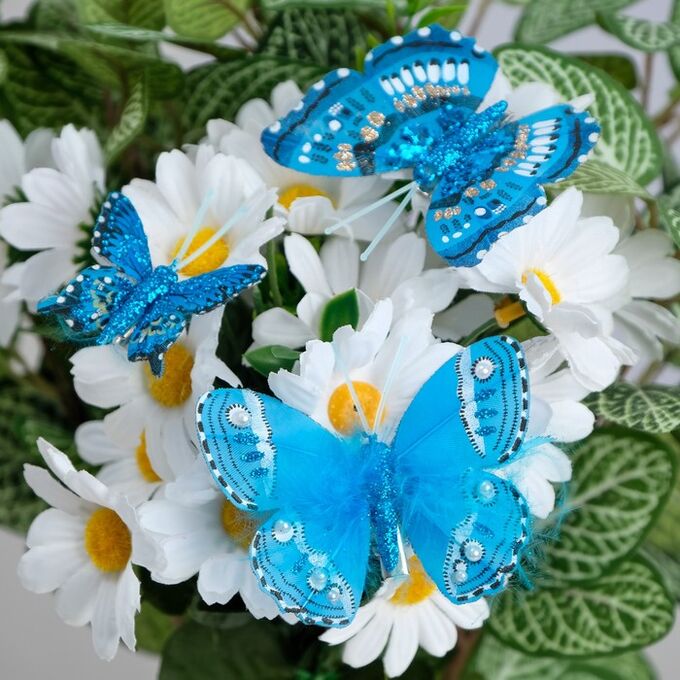 UPAK LAND Набор бабочек для декора и флористики, на прищепке, пластиковый, синий, 6шт.,5 см, 8 см и 12 см
