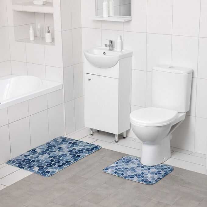 Набор ковриков для ванной и туалета Доляна «Бурлеск», 2 шт: 50x80, 40x50 см, цвет синий